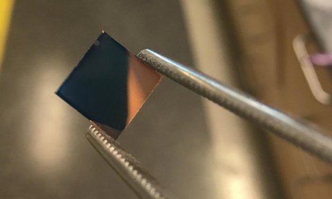 The polymer created by Georgia Tech researchers is initially a bluish tint when it's cast as a film and not transparent. Further processing results in a flexible, highly conductive, transparent plastic. (Photo Courtesy: James Ponder)
