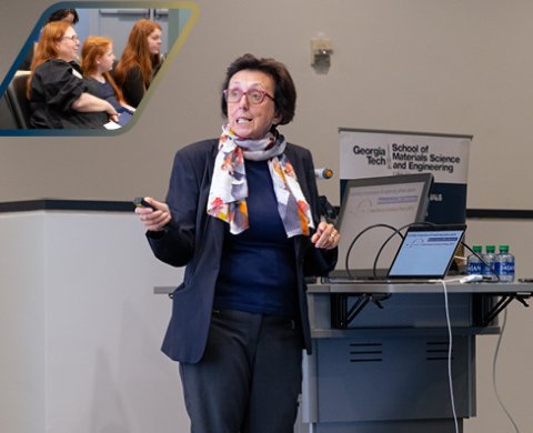 Giulia Galli, University of Chicago, presented the 2023 Brumley D. Pritchett Lecture. Inset, members of the Pritchett family